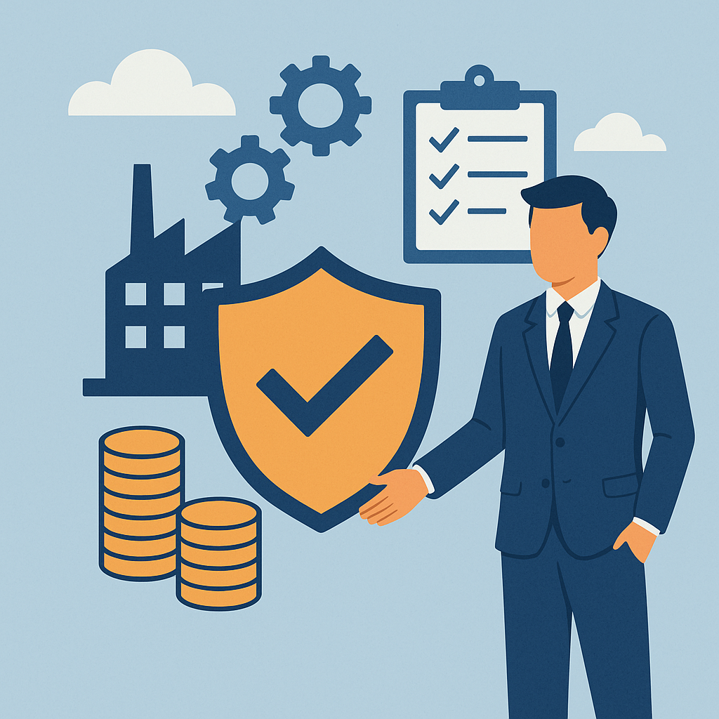 Businessman with insurance shield, factory, coins, gears, and checklist representing captive insurance strategy